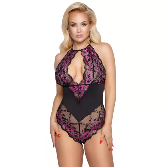 Cottelli Plus Size - body z rožastim vzorcem - črno-vijoličen