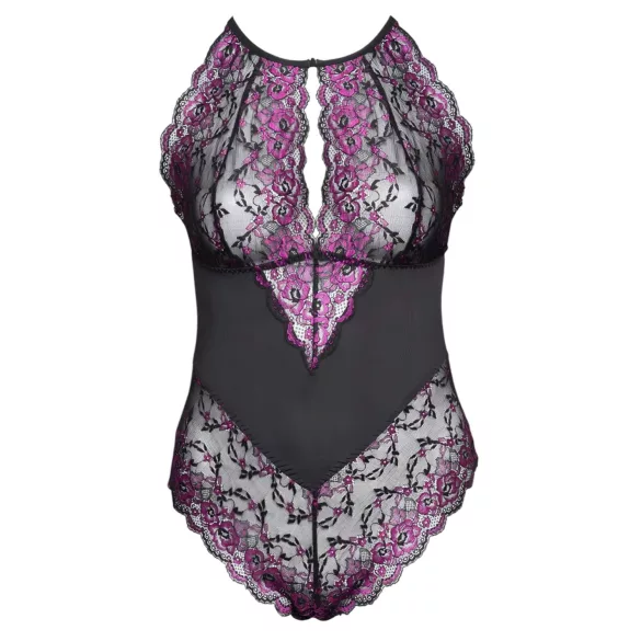 Cottelli Plus Size - body z rožastim vzorcem - črno-vijoličen