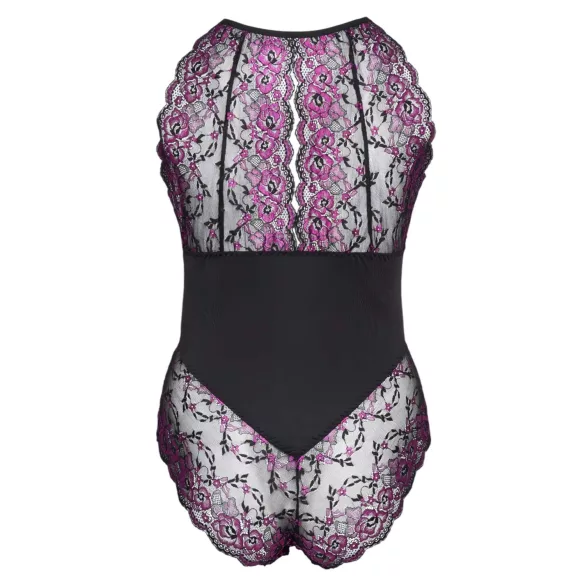 Cottelli Plus Size - body z rožastim vzorcem - črno-vijoličen