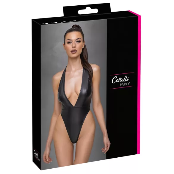 Cottelli Party - ženitni body z ovratnico - sijajni črn - L