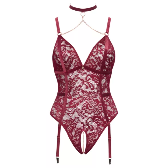 Cottelli Curves - erotični body z verižico - čipka - rdeča - 2XL