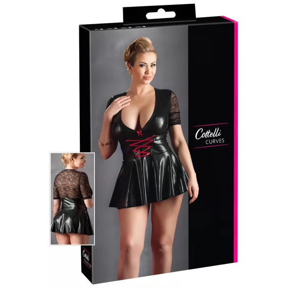 Cottelli Plus Size - obleka z rdečim korzetom - črna, sijoča - XXXL