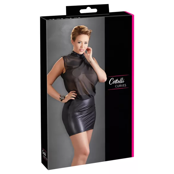 Cottelli Plus Size - seksi obleka iz svetlečega šifona - črna - 3XL