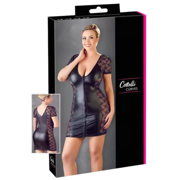 Cottelli Plus Size - seksi obleka z mašno in čipko - črna - 2XL