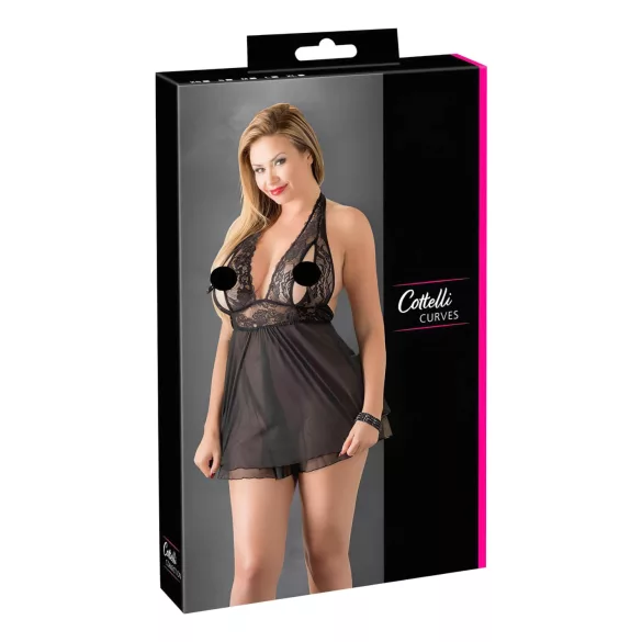 Cottelli Plus Size - babydoll za močnejše postave - čipkast, črn