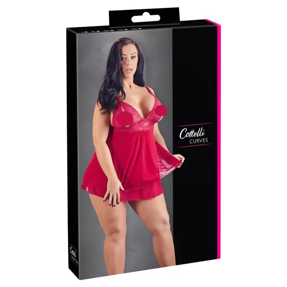 Cottelli Plus Size - babydoll iz čipke - rdeča - večja številka