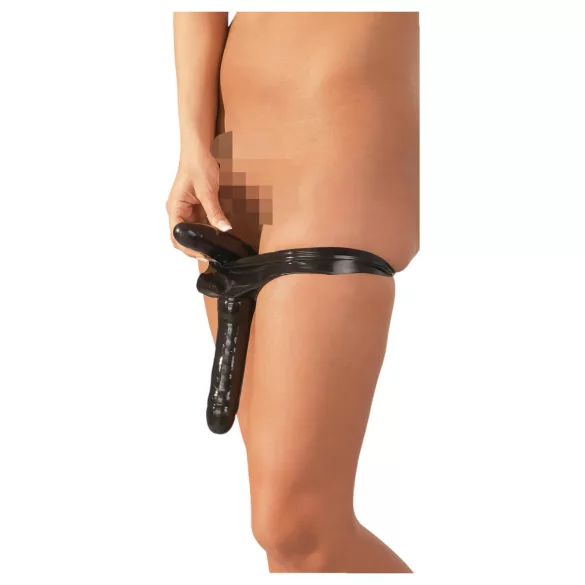 Latex X spodnje perilo z zunanjim in notranjim dildom (črno, S-L)