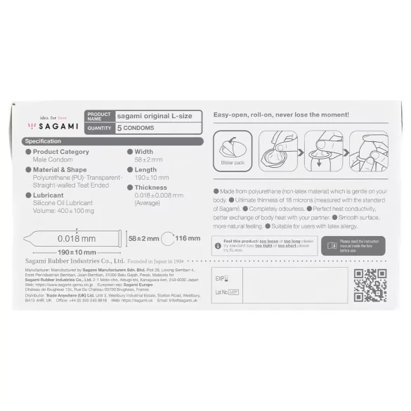 Sagami Original 0,01 L - kondomi - ultra tanki - 58mm (5 kos)