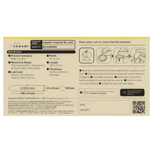 Sagami Original 0,02 XL - kondomi - ekstra veliki - 61 mm - 6 kos