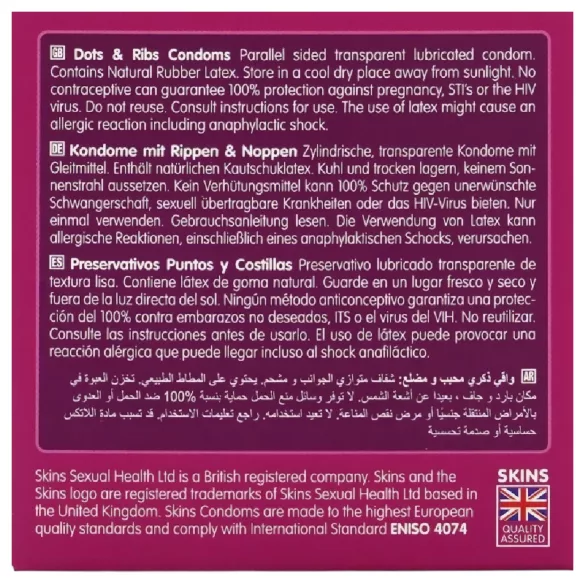 Skins - kondom z rebrasto in pikčasto teksturo - 4 kosi