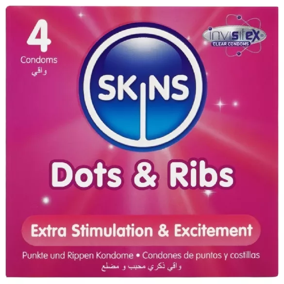 Skins - kondom z rebrasto in pikčasto teksturo - 4 kosi