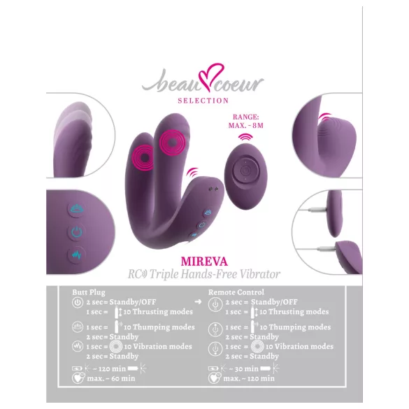 Beau Coeur Mireva - vibrator s tremi rokavi - daljinski upravljalnik - vijoličen