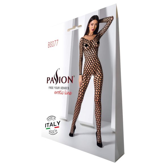 Passion BS077 - mrežasti bodystocking z dolgimi rokavi - črna - S-L
