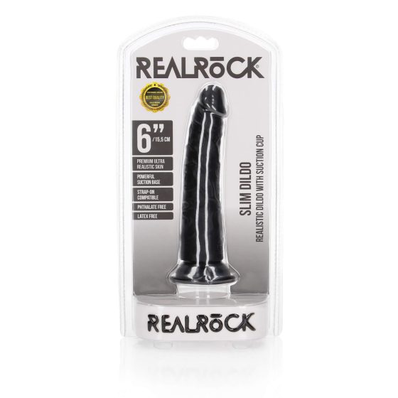 RealRock Slim - realističen dildo z lepljivimi nogami - 15,5 cm (črn)
