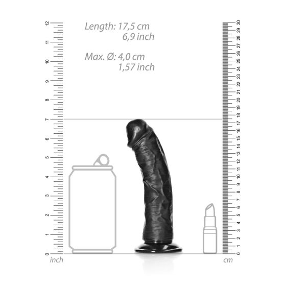 RealRock Curved - ukrivljeni realistični dildo z lepljivimi nogami - 15,5 cm (črn)