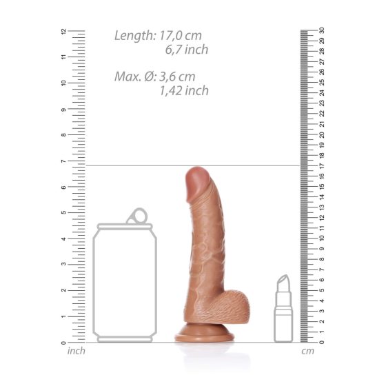 RealRock Curved - realistični dildo s testisi - 15,5 cm (temno naraven)