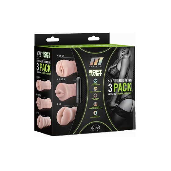 M For Men 3 Pack - komplet vibracijskih masturbatorjev (naravni)