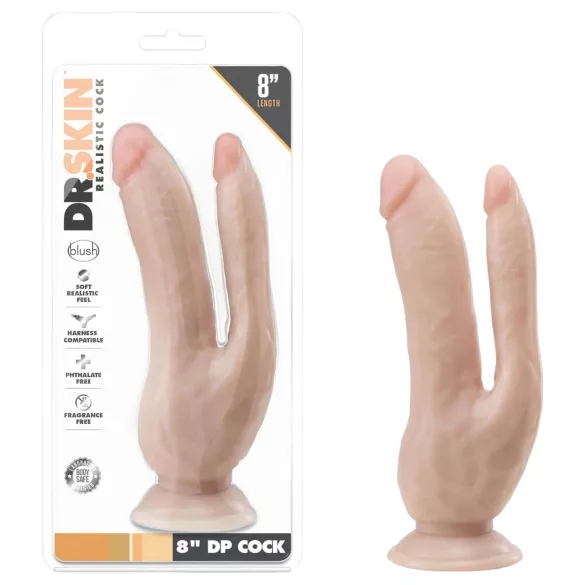 Dr. Skin 8 - dvojni dildo s priseskom - naravna barva