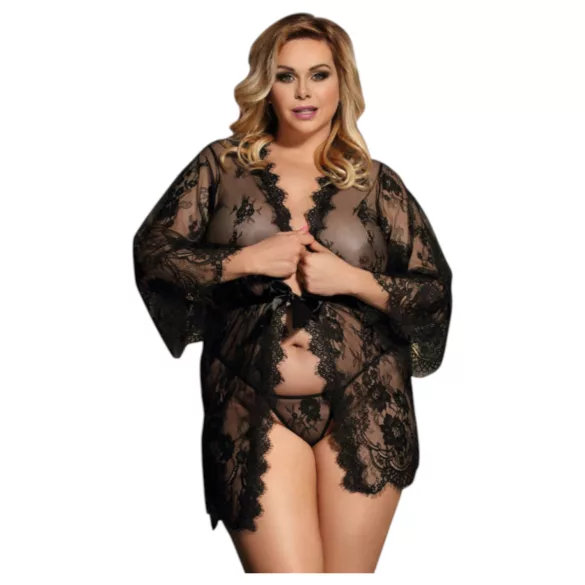Subblime Queen Plus - erotični čipkast kimono komplet - črna - XL-2XL