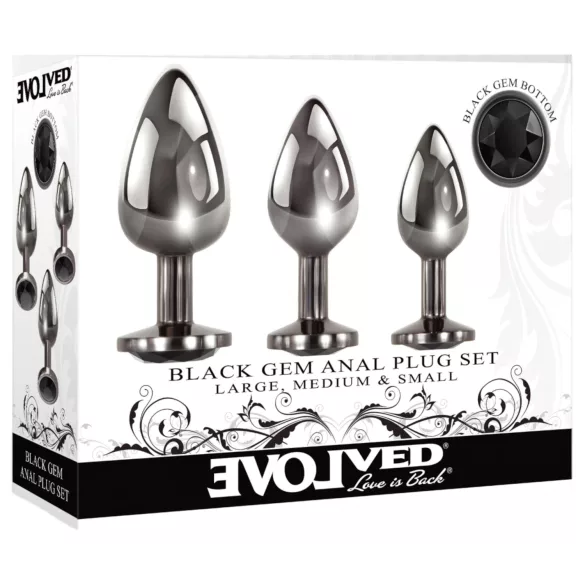 Evolved Black Gem - kovinski analni čep set s črnim kamnom (srebrn)