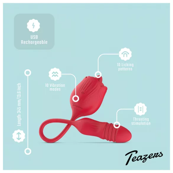 Teazers Rose - potisni vibrator z jezičnim klitoralnim stimulatorjem (rdeč)