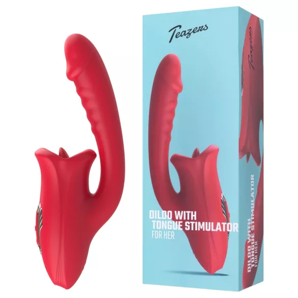 Teazers - vibracijski dildo z jezičnim klitoralnim stimulatorjem (rdeč)