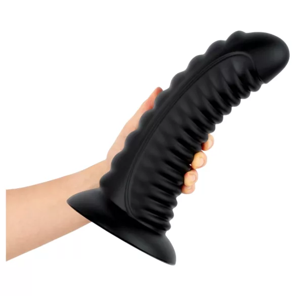 BUTTR Double Ribbed - velik rebrast analni čep (črn) - 26 cm