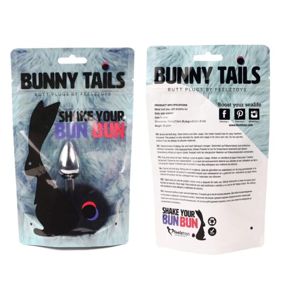FEELZTOYS Bunny Tails - kovinski analni dildo z zajčjimi repki (srebrno-črn)