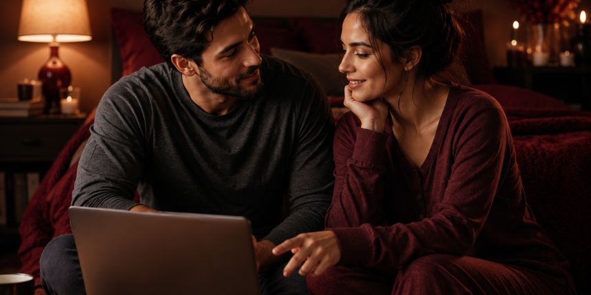 Par, ki se sproščeno pogovarja o tem, kako povedati, kaj si želiš v postelji, v udobni spalnici, lovesexshop.si sex shop