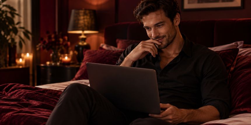 Moški sedi na postelji z računalnikom in bere nasvete za masturbacijo | lovesexshop.si sex shop